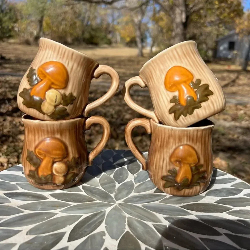 Vintage 70s Mushroom Coffee Mugs Set of 4 Retro Hippie Groovy Hand Painted
